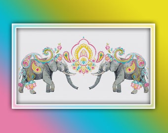 Elephants Cross Stitch Pattern 1 Instant PDF Download - Indian Elephant Watercolor Cross Stitch Pattern - Asian Elephant Cross Stitch