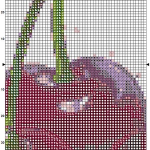 Puede incluir: Patr&oacute;n de punto de cruz que presenta un primer plano de cerezas. El dise&ntilde;o utiliza una cuadr&iacute;cula de cuadrados con varios s&iacute;mbolos y colores, incluyendo tonos de rojo, verde y morado. El texto "Cherries" es visible en la parte superior.