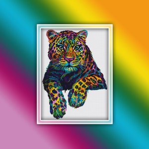 Leopard Cross Stitch Pattern 8 Instant PDF Download - Rainbow Leopard Watercolor Cross Stitch Pattern - Animal Cross Stitch Pattern