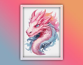 Padrão de ponto cruz de dragão 13 Download instantâneo de PDF - Padrão de ponto cruz de aquarela de dragão adulto rosa - Aquarela de dragão rosa