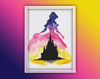 Prinzessin Schloss Stickmuster 10 Sofort PDF Download - Prinzessin Aquarell Kreuzstichmuster - Aquarell Märchen Kreuzstich