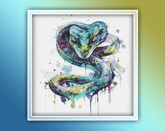 Snake Cross Stitch Pattern 1 Instant PDF Download - Cobra Snake Watercolor Cross Stitch Pattern - Reptile Cross Stitch Pattern