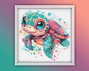 Patrón de punto de cruz de tortuga marina 20 Descarga instantánea en PDF - Patrón de costura de acuarela de tortuga marina bebé - Patrón de punto de cruz de habitación para niños
