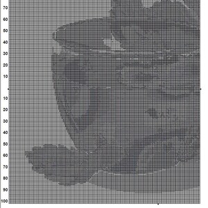 May include: A black and white pixel art image of a green tea leaf. The image is divided into a grid of 100 squares by 100 squares.