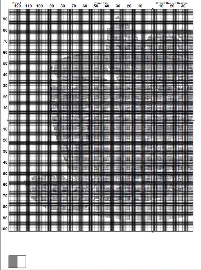 May include: A black and white pixel art image of a green tea leaf. The image is divided into a grid of 100 squares by 100 squares.