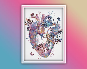 Anatomy Heart Cross Stitch Pattern 4 Instant PDF Download - Heart Watercolor Cross Stitch Pattern