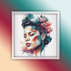 Billie Holiday Cross Stitch Pattern 1 Instant PDF Download - Billie Holiday Watercolor Cross Stitch Pattern - Singer - Musician - Songs