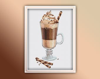 Coffee Latte Cross Stitch Pattern 1 Instant PDF Download - Cream Coffee Watercolor Cross Stitch Pattern