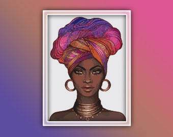 African Woman Cross Stitch Pattern 1 Instant PDF Download - African Woman Watercolor Cross Stitch Pattern
