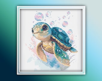 Patrón de punto de cruz de tortuga marina n.° 17 Descarga instantánea en PDF - Patrón de costura de acuarela de tortuga marina bebé - Patrón de punto de cruz de animales del océano