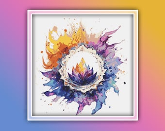 Rainbow Lotus Cross Stitch Pattern 3 Instant PDF Download - Lotus Watercolor Cross Stitch Pattern - Watercolor Lotus Cross Stitch Pattern