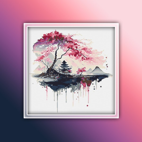 Japanese Landscape Cross Stitch Pattern 13 Instant PDF Download - Cherry Blossom Tree Watercolor Cross Stitch Pattern - Japan Cross Stitch