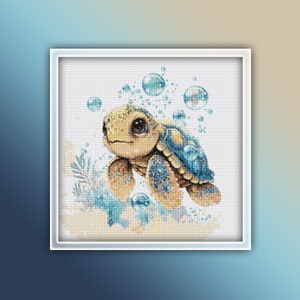 Sea Turtle Cross Stitch Pattern 2 Instant PDF Download - Baby Sea Turtle Watercolor Stitching Pattern - Animal Needle Point