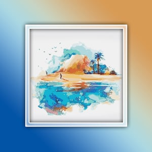 Beach Landscape Cross Stitch Pattern 5 Instant PDF Download - Warm Sunny Beach Watercolor Cross Stitch Pattern - Ocean and Waves