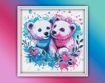 Polar Bear Couple Love Cross Stitch Pattern 1 Instant PDF Download - Polar Bears Watercolor Cross Stitch Pattern - Animal Cross Stitch