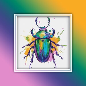May include: A colorful beetle with green, blue, and purple iridescent wings is surrounded by watercolor splatters in shades of yellow, pink, and orange. The beetle is depicted against a white background.