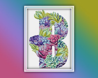 Succulent B Alphabet Letter Monogram Cross Stitch Pattern 1 Instant PDF Download - Succulents Watercolor Cross Stitch Pattern