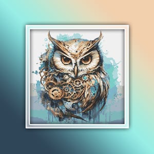 May include: A detailed illustration of a steampunk owl with intricate gears and cogs, set against a blue and white watercolor background.