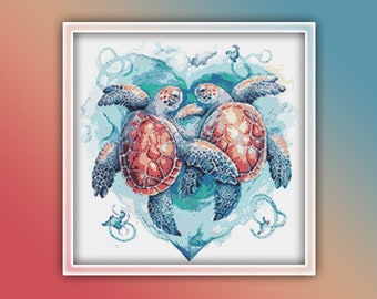 Patrón de punto de cruz de corazón de tortuga marina 1 Descarga instantánea en PDF - Patrón de costura de acuarela de amor de tortuga marina - Punto de cruz de animales del océano