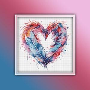 Feather Heart Cross Stitch Pattern 1 Instant Download Instant PDF Download - Feathers Heart Watercolor Cross Stitch Pattern