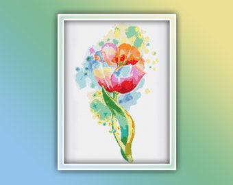 Tulip Cross Stitch Pattern 7 Instant PDF Download - Single Pink Tulip Watercolor Cross Stitch Pattern