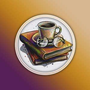 Book Cross Stitch Pattern 5 Instant PDF Download - Reading Glasses Watercolor Cross Stitch Pattern - Coffee Cross Stitch