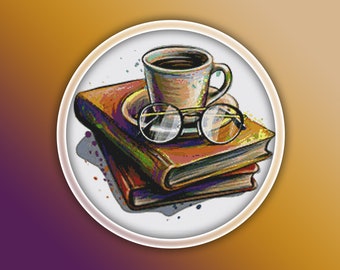 Könnte beinhalten: Eine weiße Kaffeetasse mit brauner Flüssigkeit darin steht auf einem Stapel von drei Büchern. Ein Paar runde Brillen liegt auf den Büchern.