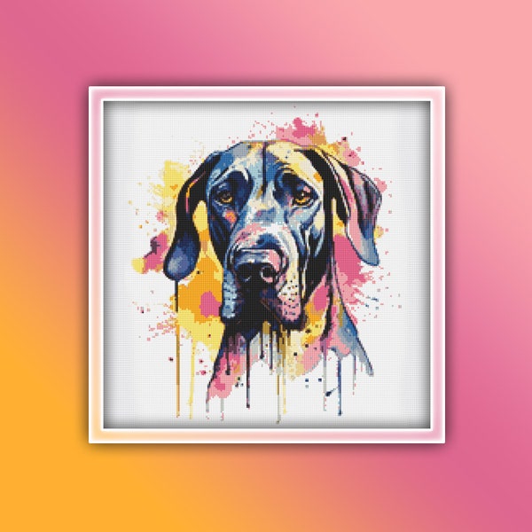 Great Dane Cross Stitch Pattern 1 Instant PDF Download - Great Dane Dog Watercolor Cross Stitch Pattern - Large Brown Dog