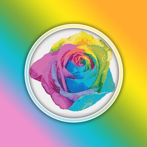 May include: A rainbow rose with pink, yellow, blue, and green petals. The rose is in a white circle on a colorful background.