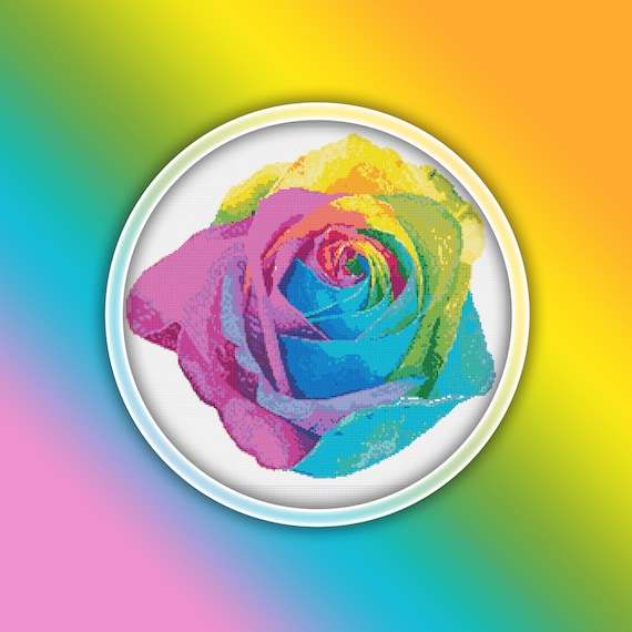 Rainbow Rose Cross Stitch Pattern 1 Instant PDF Download - Single Rose Watercolor Cross Stitch Pattern - Flower Cross Stitch Pattern