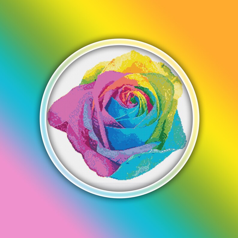May include: A rainbow rose with pink, yellow, blue, and green petals. The rose is in a white circle on a colorful background.
