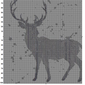 Peut inclure: Motif de pixel art en noir et blanc d'un cerf avec des bois. Le motif est sur une grille avec des num&eacute;ros indiquant les lignes et les colonnes.