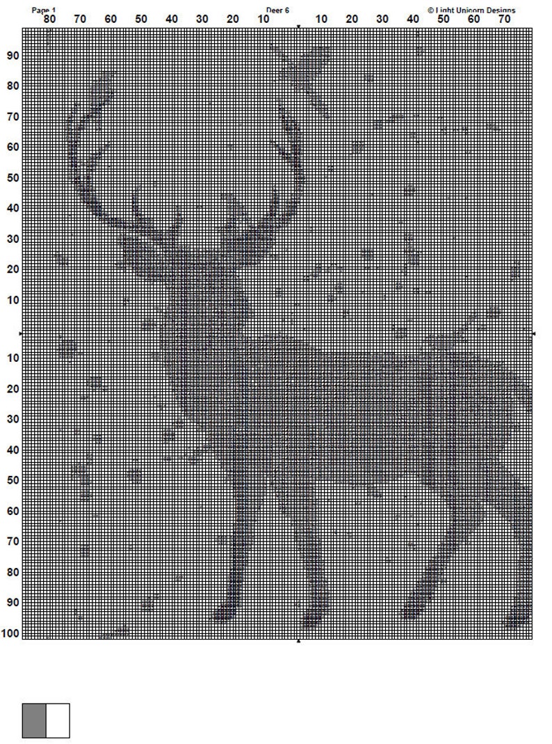 Peut inclure: Motif de pixel art en noir et blanc d'un cerf avec des bois. Le motif est sur une grille avec des num&eacute;ros indiquant les lignes et les colonnes.