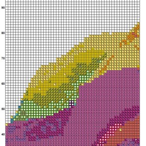 May include: A cross-stitch pattern for a rainbow rose. The pattern is in a grid format with different colored squares representing different stitches. The pattern is for a single rose with a yellow center, green leaves, and pink petals.