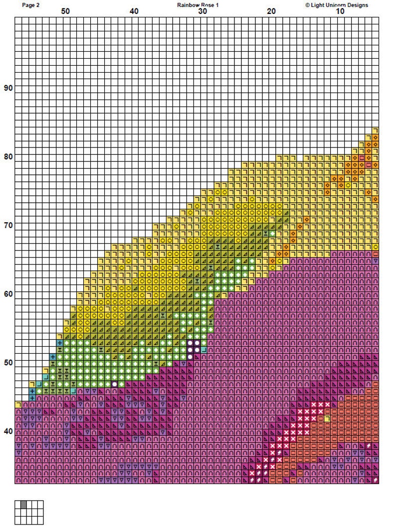 May include: A cross-stitch pattern for a rainbow rose. The pattern is in a grid format with different colored squares representing different stitches. The pattern is for a single rose with a yellow center, green leaves, and pink petals.