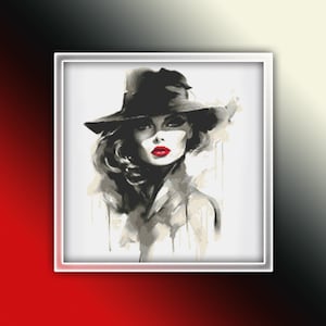 Woman Wearing a Hat Cross Stitch Pattern 2 Instant PDF Download - Woman with Red Lips Wearing a Black Hat Watercolor Cross Stitch Pattern
