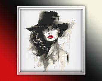 Femme portant un chapeau, motif point de croix 2 Téléchargement instantané en PDF - Femme aux lèvres rouges, chapeau noir, aquarelle motif point de croix