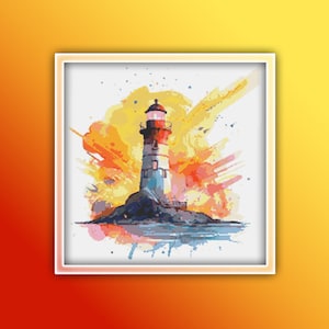 Lighthouse in the Sunset Cross Stitch Pattern 2 Instant PDF Download - House Watercolor Cross Stitch Pattern - Ocean Cross Stitch