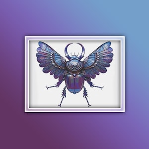 May include: A blue and purple beetle with wings spread out. The beetle has a metallic sheen and intricate details on its wings.