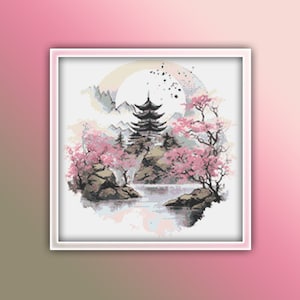 Japanese Landscape Cross Stitch Pattern 12 Instant PDF Download - Cherry Blossom Tree Watercolor Cross Stitch Pattern - Japan Cross Stitch