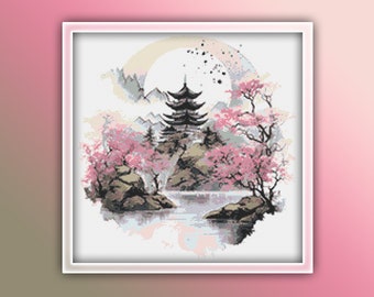 Japanese Landscape Cross Stitch Pattern 12 Instant PDF Download - Cherry Blossom Tree Watercolor Cross Stitch Pattern - Japan Cross Stitch