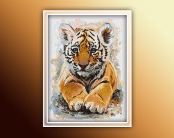 Tiger Cub Cross Stitch Pattern 1 Instant PDF Download - Tiger Watercolor Cross Stitch Pattern - Animal Cross Stitch Pattern