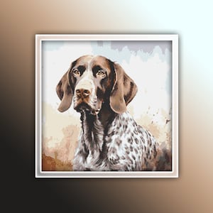 May include: A brown and white German Shorthaired Pointer dog with a spotted coat looks directly at the viewer. The dog is in focus against a blurred background of light brown and blue.