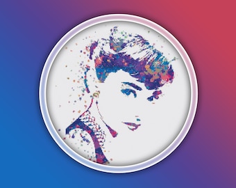Patrón de punto de cruz de Audrey Hepburn Descarga instantánea en PDF - Patrón de punto de cruz de acuarela de Audrey Hepburn