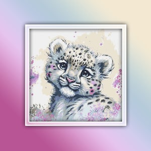 Snow Leopard Cross Stitch Pattern 5 Instant PDF Download - Leopard Watercolor Cross Stitch Pattern - Kids Room Cross Stitch Pattern