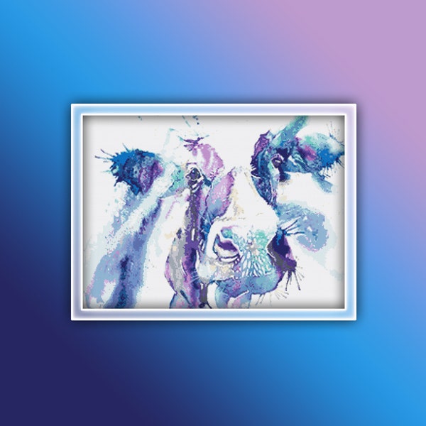 Cow Cross Stitch Pattern 11 Instant PDF Download - Blue Cow Watercolor Cross Stitch Pattern - Animal Cross Stitch Pattern