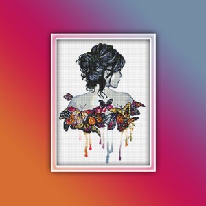 Butterfly Girl Cross Stitch Pattern Instant PDF Download - Woman Watercolor Cross Stitch Pattern - Butterflies