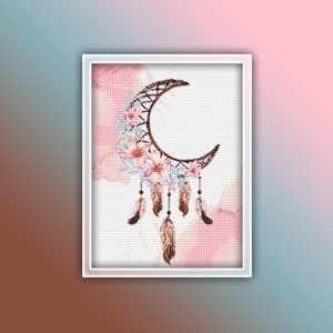 Moon Dreamcatcher Cross Stitch Pattern 1 Instant PDF Download - Dream Catcher Watercolor Cross Stitch Pattern