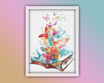 Book Cross Stitch Pattern 2 Instant PDF Download - Reading Watercolor Cross Stitch Pattern
