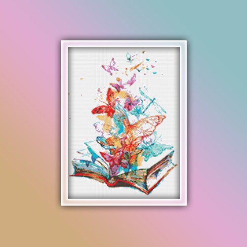 Book Cross Stitch Pattern 2 Instant PDF Download - Reading Watercolor Cross Stitch Pattern